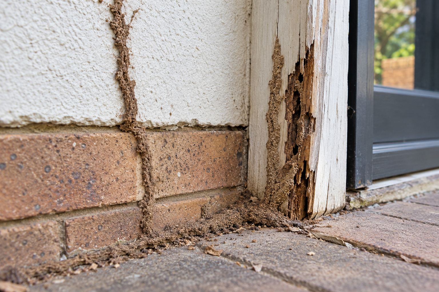 Illustrative close-up of termite mud tubes and affected timber at a wall base
